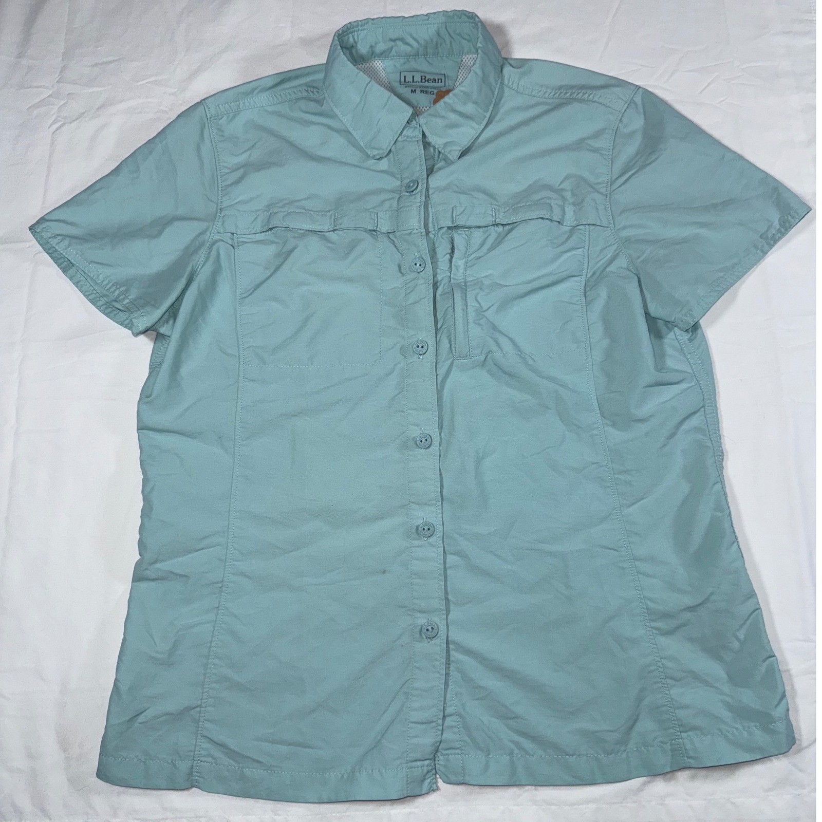 Ll Bean Womens Tropical Lightweight Short Sleeve Shirt Aqua Blue Size M Regular